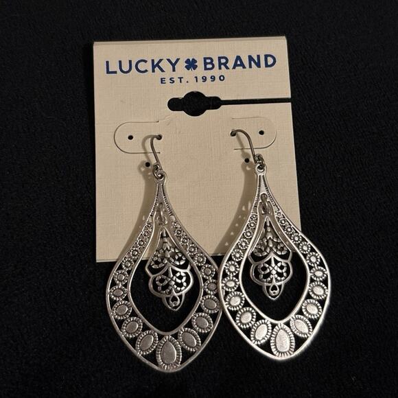 Lucky Brand NWT Oblong Silver Tone Filigree Boho Earrings - Picture 1 of 4